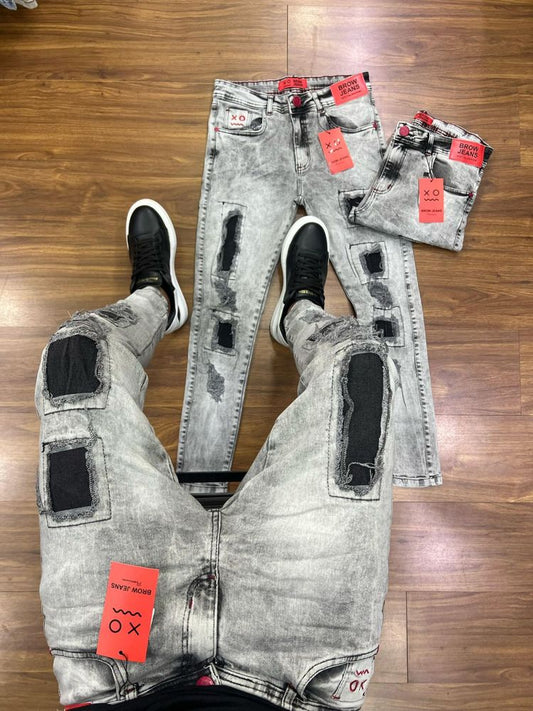 Calça Jogador - Jeans Clara com Quadrados